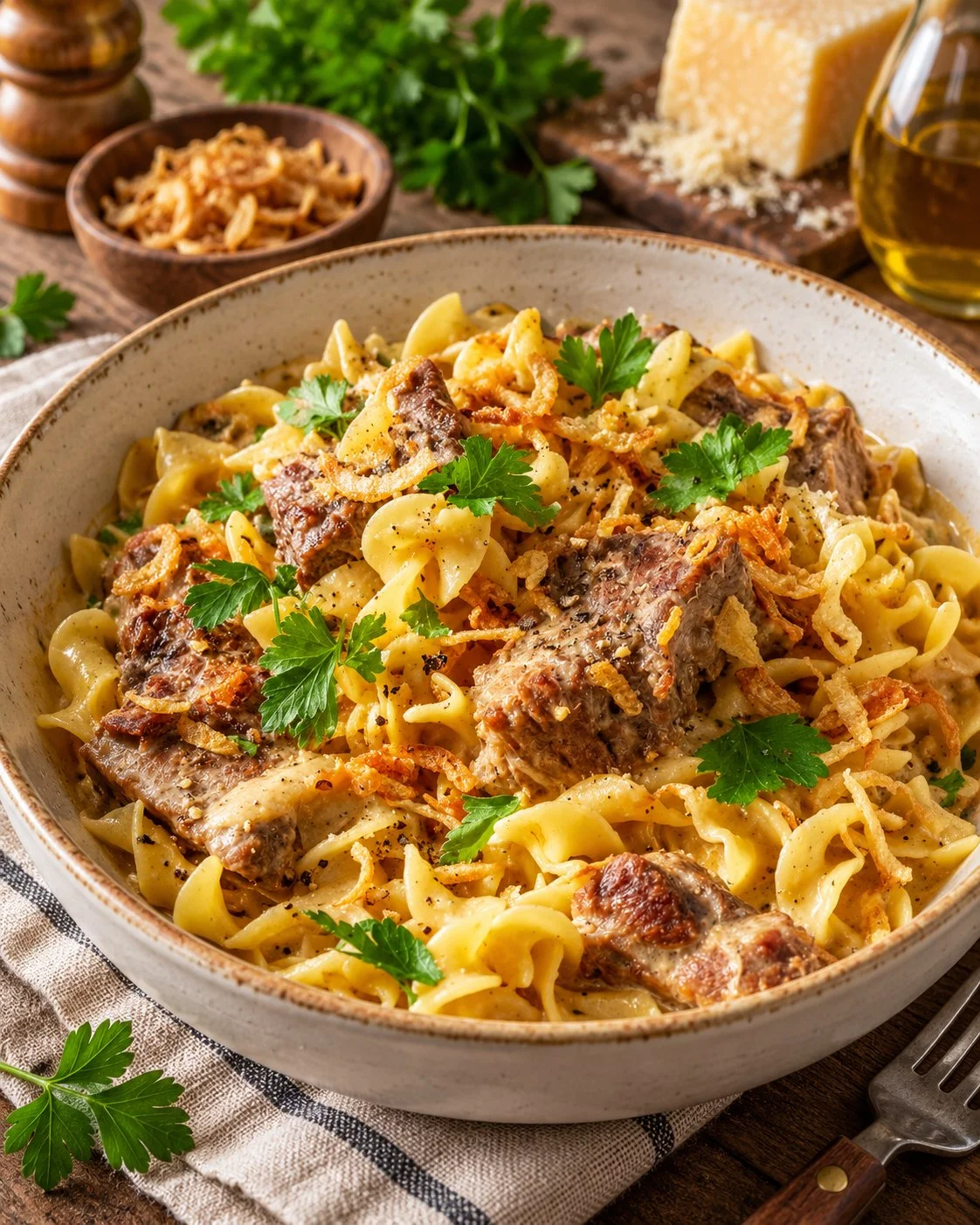 Delicious French onion beef and noodle dish served in a bowl.