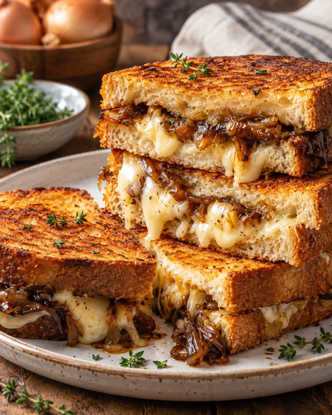 Mouthwatering French Onion Grilled Cheese Sandwich with melted cheese and caramelized onions.