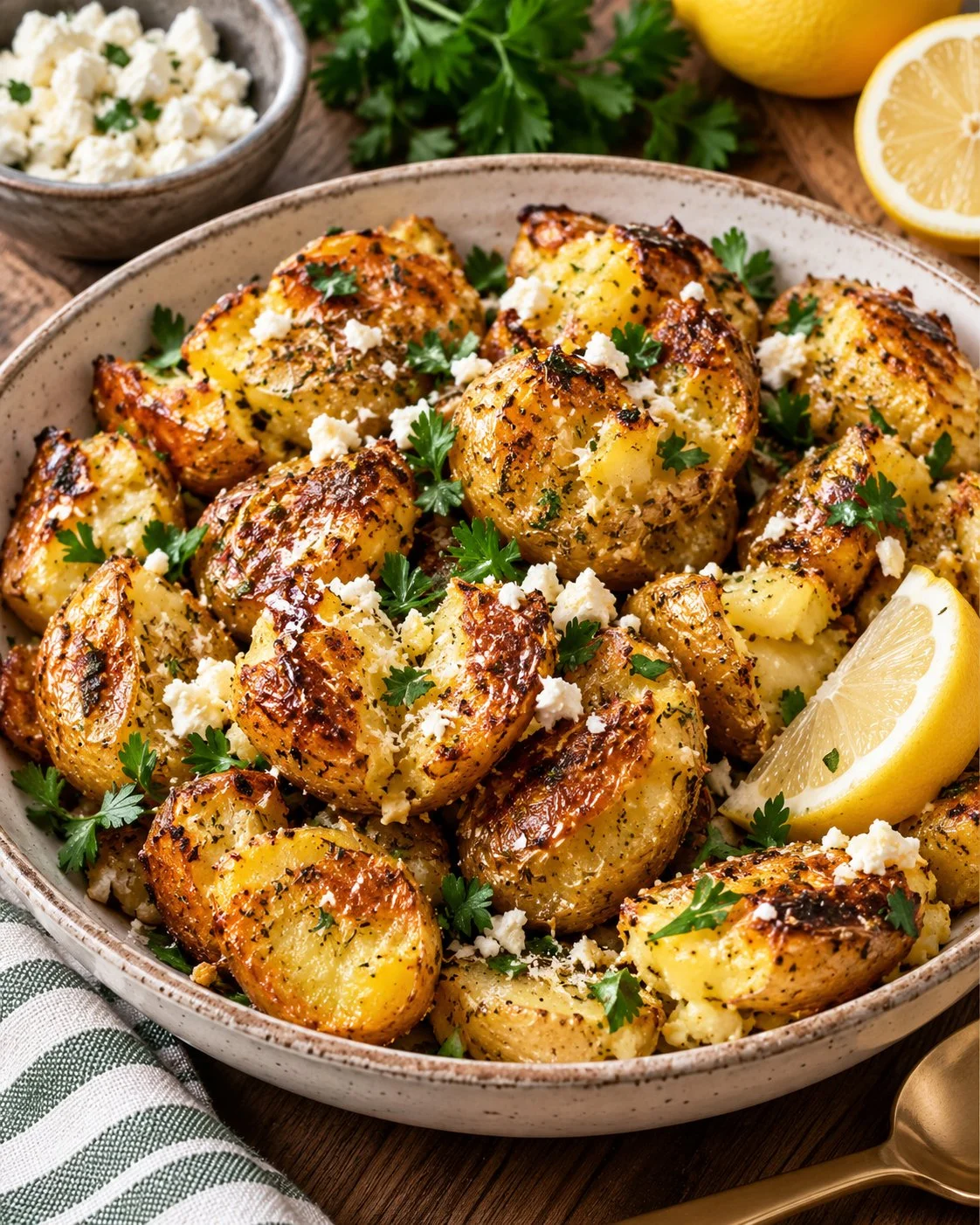 Lemon feta potato salad with crispy potatoes in a serving bowl