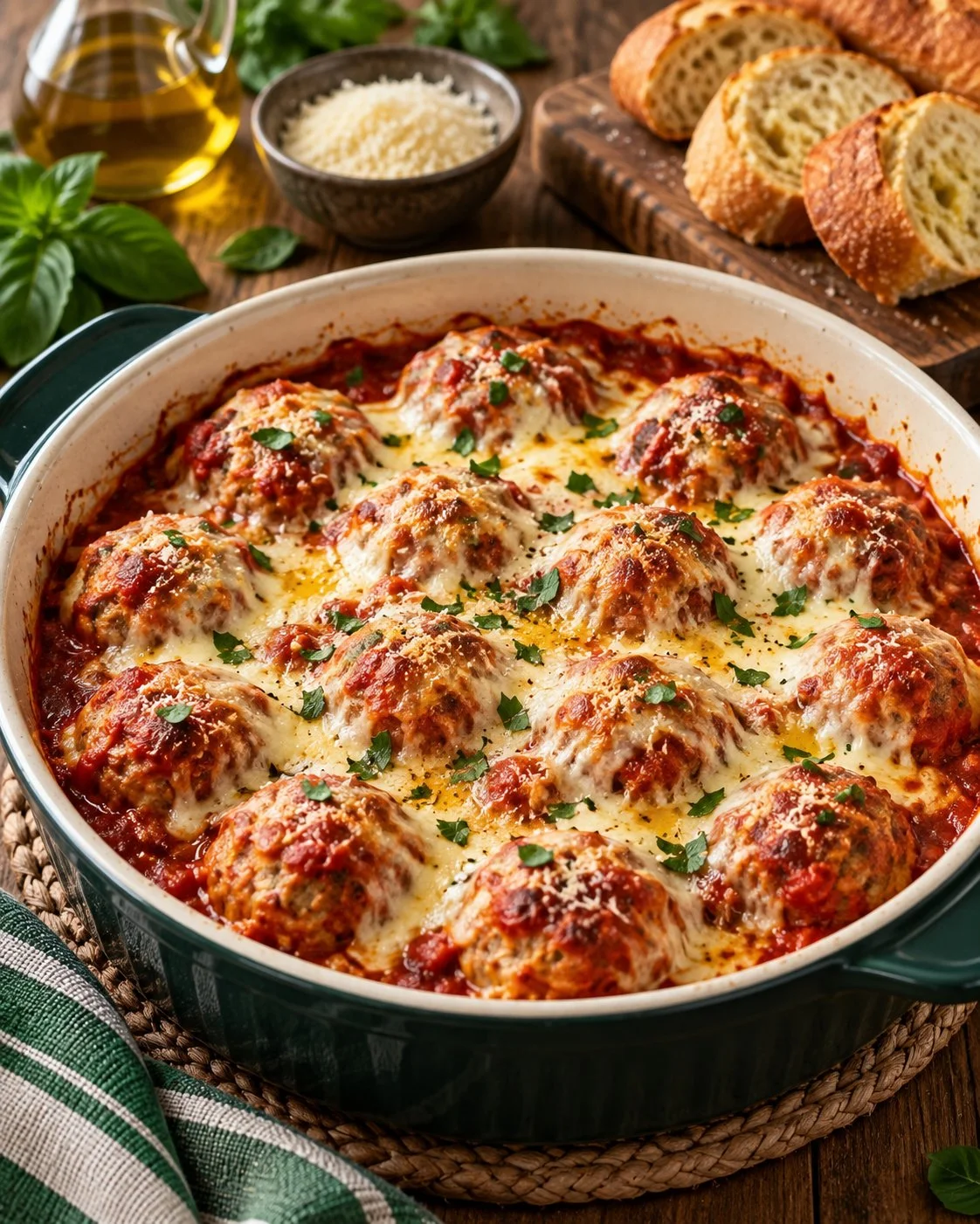 Delicious Meatball Parmigiana topped with marinara sauce and melted cheese