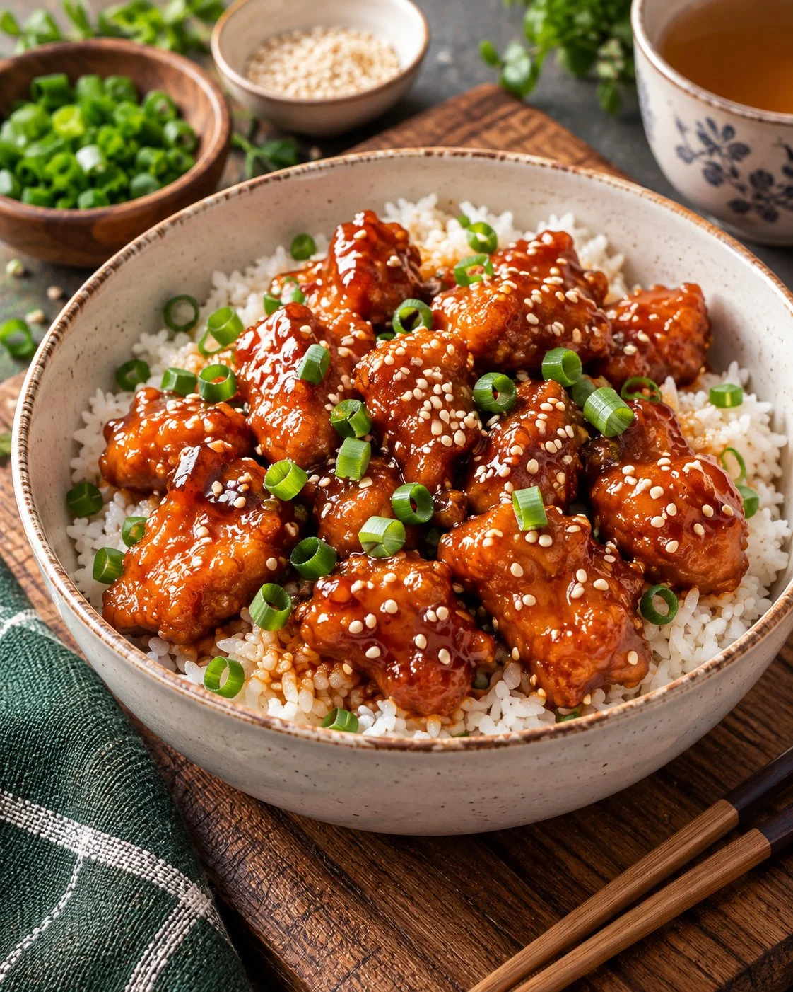 Delicious Orange Chicken served with rice and garnished with green onions.