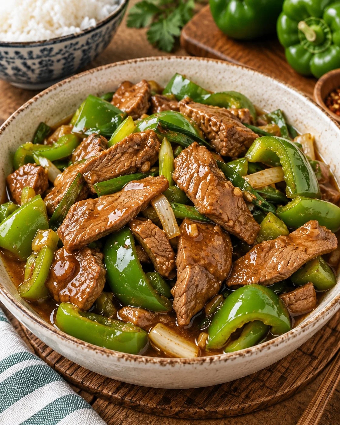 Peppery Chinese Round Steak served with vegetables and rice