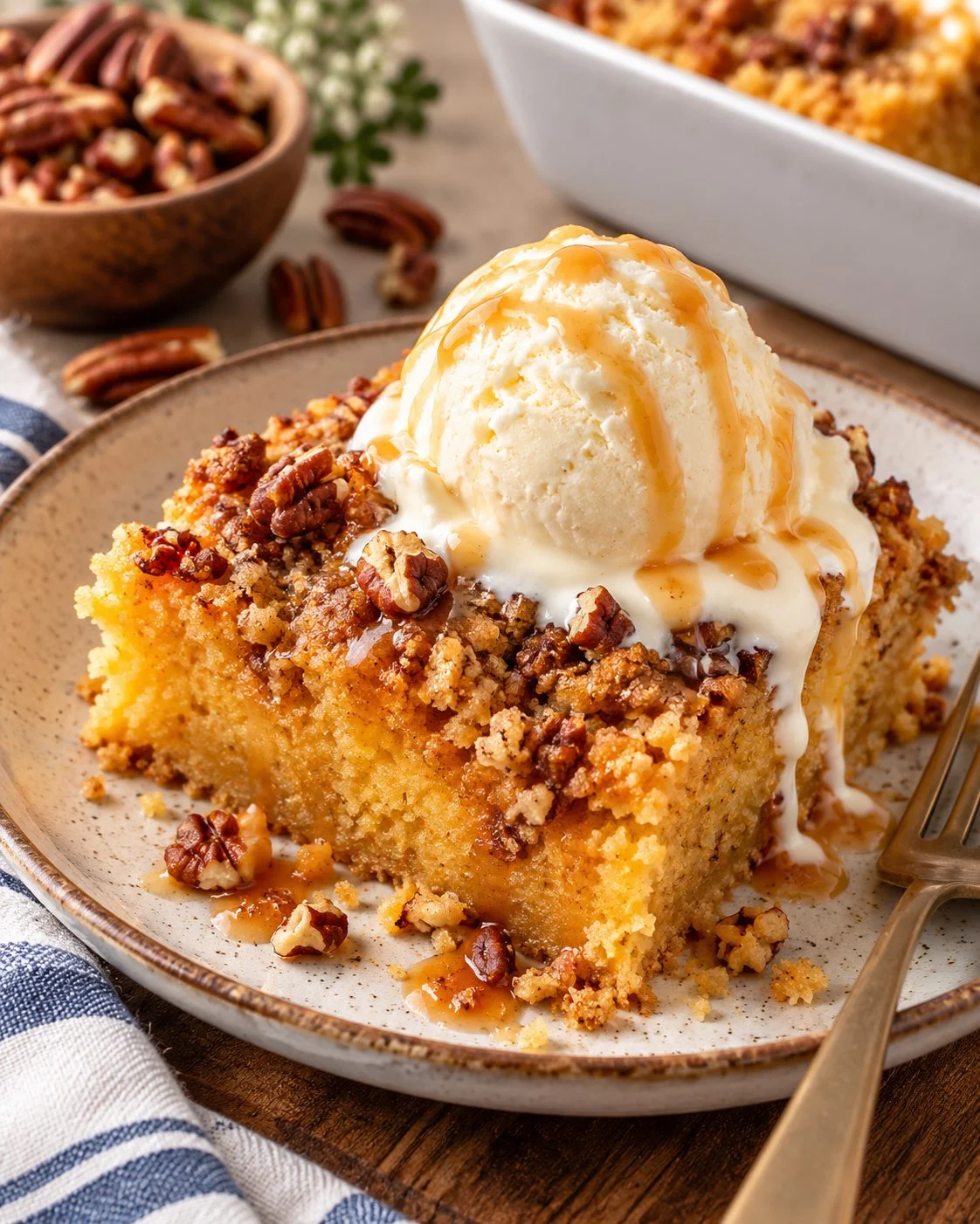 Deliciously layered Pumpkin Crunch Cake topped with a crunchy layer.