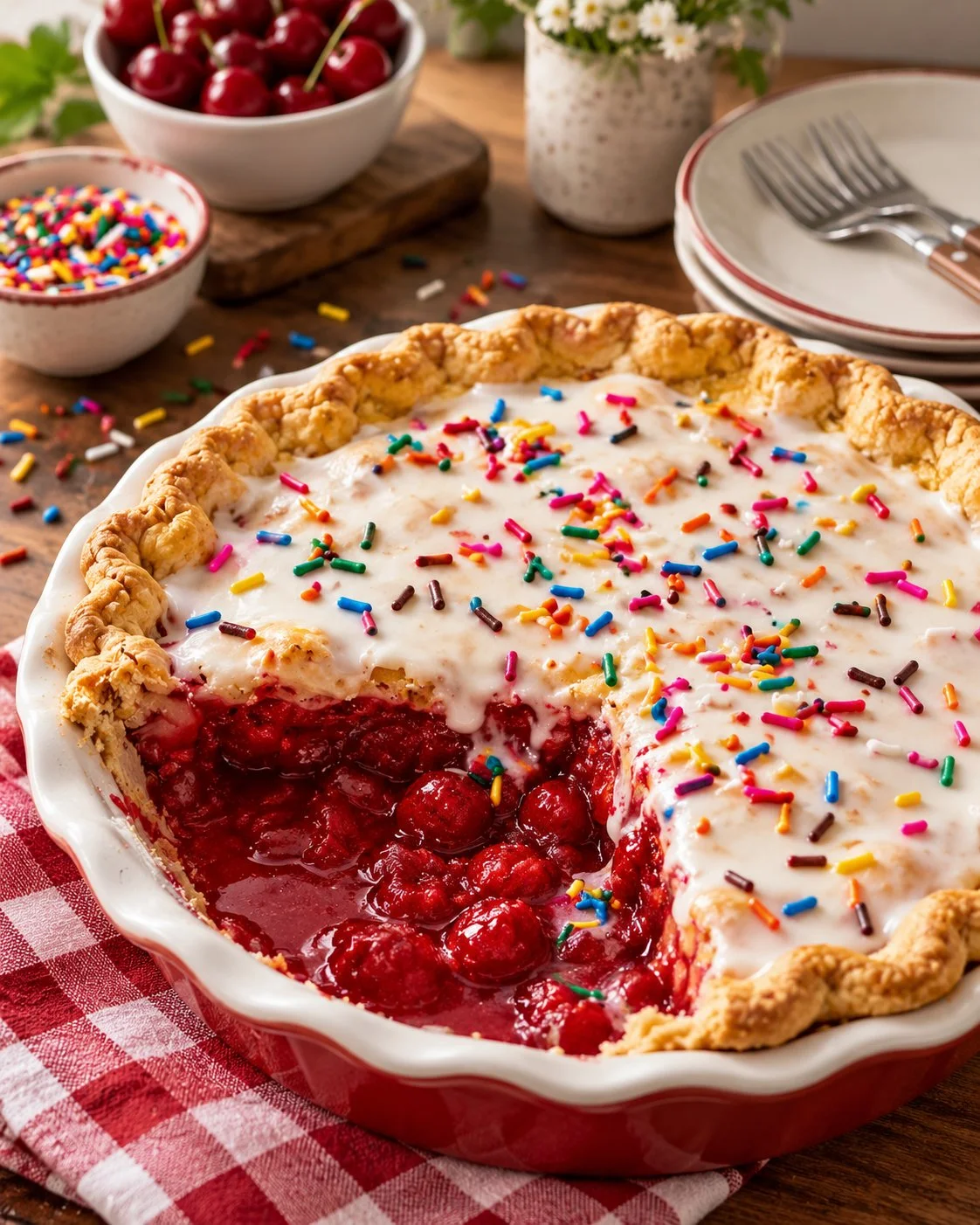 Delicious homemade strawberry pop tart pie with colorful sprinkles on top